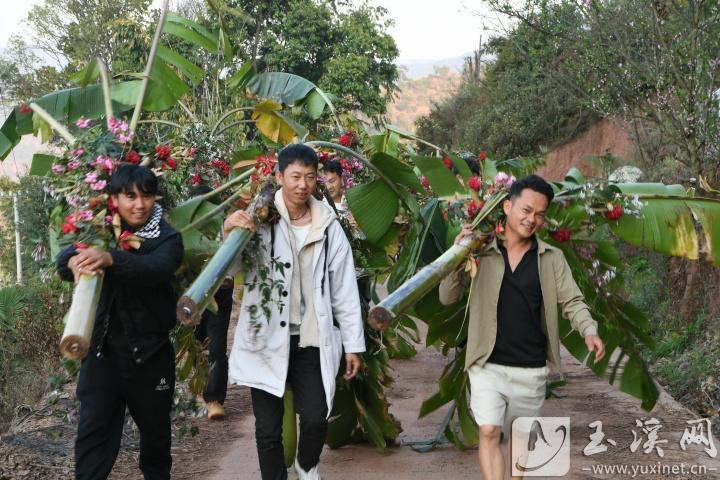 宴客結(jié)束，年輕人把芭蕉樹及鮮花送到村后一棵古老的大樹下。