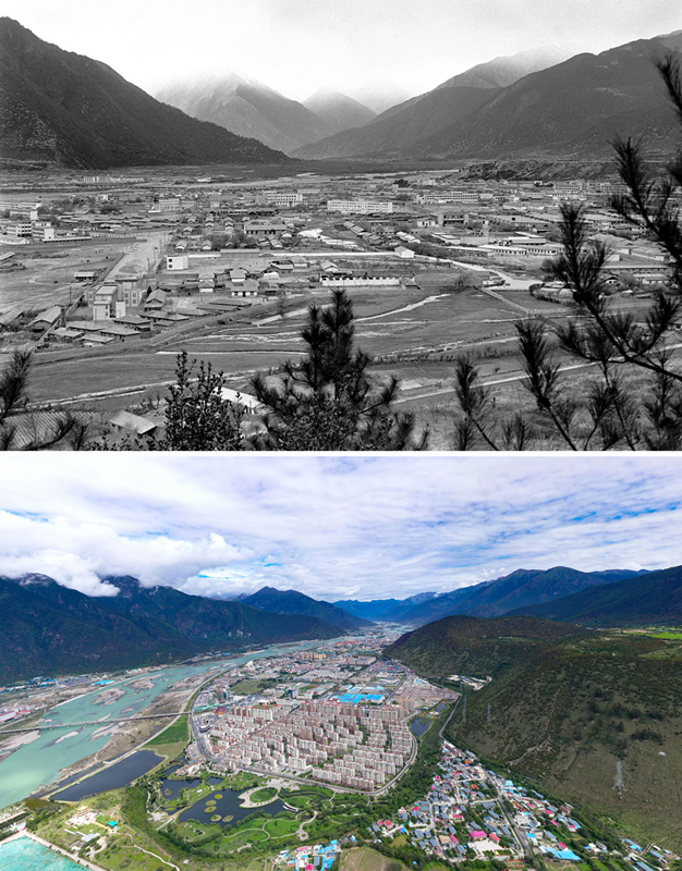 拼版照片：上圖是20世紀(jì)90年代的西藏林芝八一鎮(zhèn)；下圖是2021年7月20日拍攝的西藏林芝八一鎮(zhèn)風(fēng)貌。